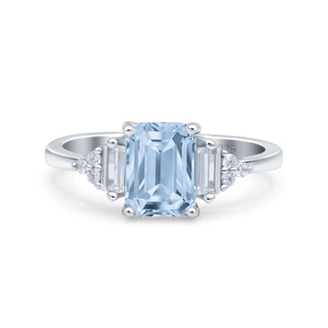 Emerald Cut Art Deco Wedding Engagement Ring Baguette Simulated Aquamarine CZ 925 Sterling Silver